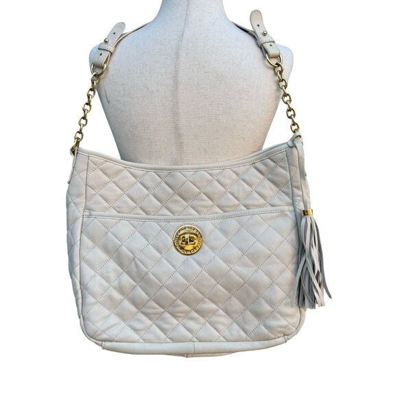Isaac Mizrahi Handbags - Isaac Mizrahi Quilted Leather Shoulder Bag Tassel Gold Chain Straps Ivory Beige